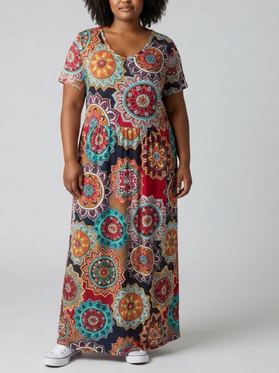 BOHO CHIC Dresses & Skirts - BOHO Plus Size Multicolor Medallion Print Maxi Dress - V-Neck Women’s Size XXL